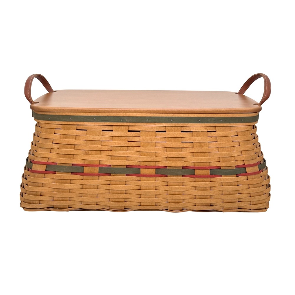 Longaberger 2002 Handwoven Basket with Wood Lid Plastic Liner Leather Handles